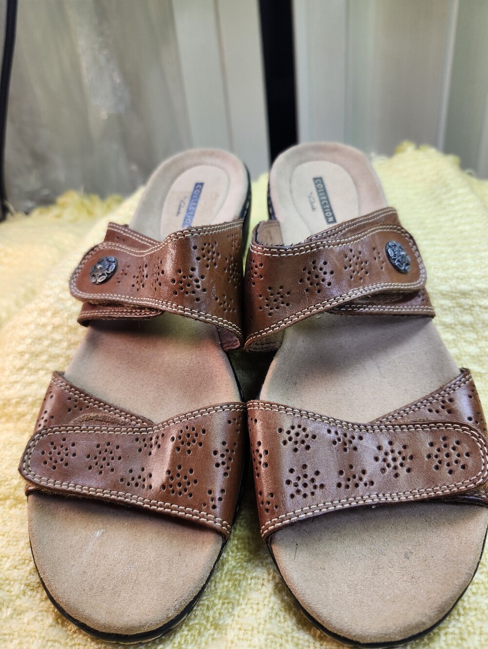 Clarks Brown Perforated Leather Slide Mules